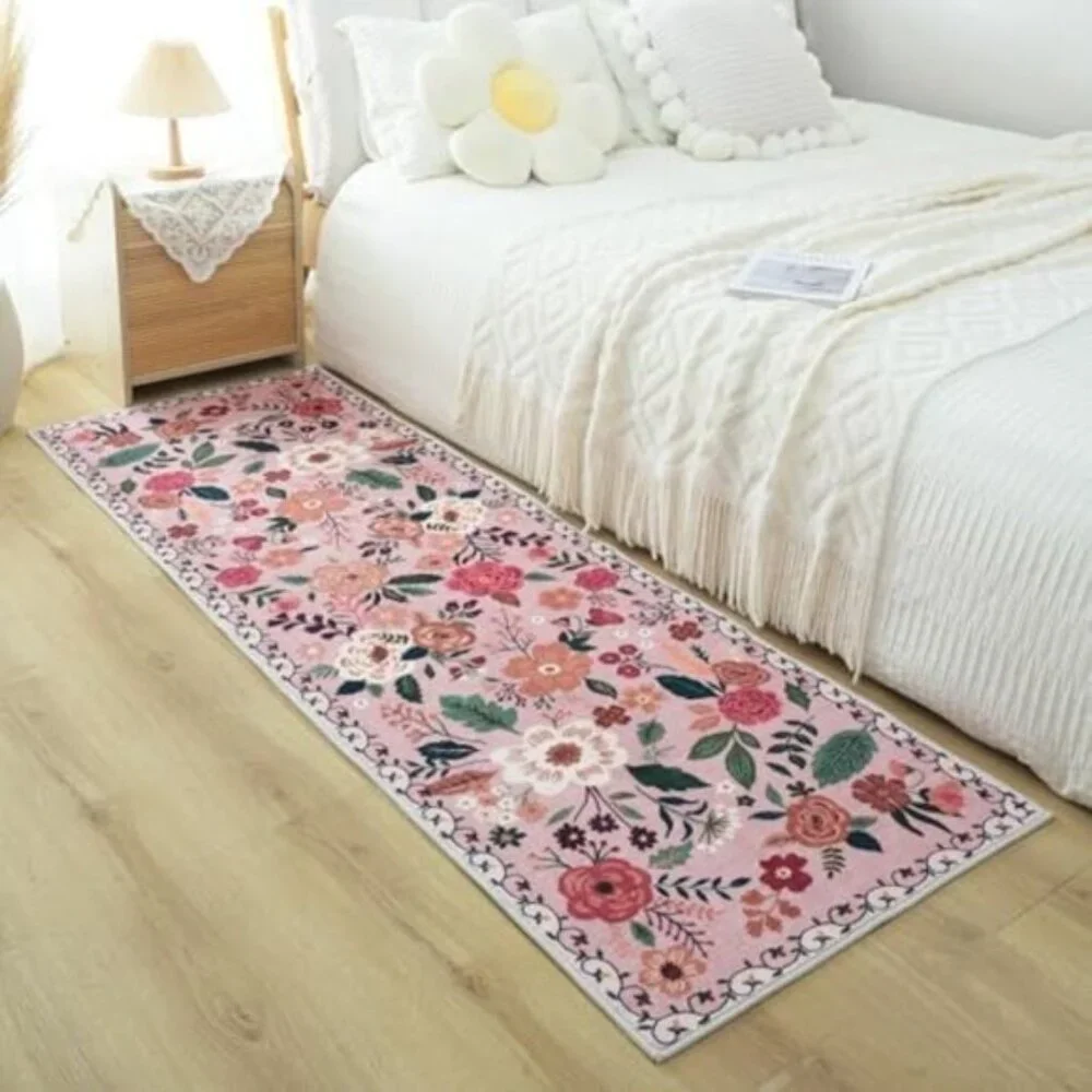 Non Slip 2 x 6 Pink Washable Runner Rugs with Rubber Backing Soft Floral Carpet